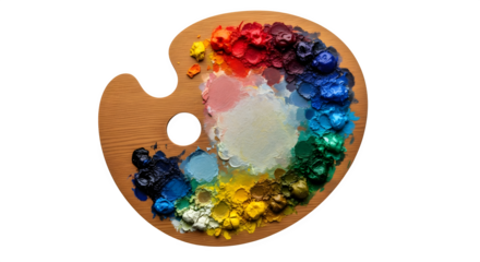 Wooden artists palette isolated on transparent background with vibrant oil paints is a tool for mixing colors and creating beautiful works of art