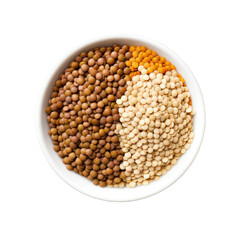 A white bowl filled with three types of lentils brown, yellow, and white, isolated on a transparent background