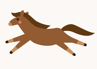 Cute brown bay horse running happily. Hand drawn flat vector illustration. Funny animal isolated on white. 2026 Lunar New year design.Cool comic farm character, kids poster, card, social media banner.