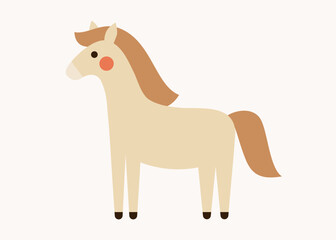 Cute cream horse with brown mane. Hand drawn flat vector illustration. Funny animal isolated on white. 2026 Lunar New year design. Cool comic farm character, kids poster, card, social media banner.