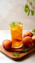 Fototapeta premium Juicy peach tea beside whole peaches and mint, wooden tray with blank background space