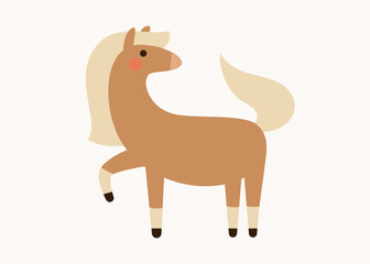 Cute brown horse with blonde mane. Hand drawn flat vector illustration. Funny animal isolated on white. 2026 Lunar New year design. Cool comic farm character, kids poster, card, social media banner.