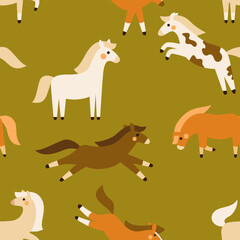 Seamless pattern with cute wild horses.. Hand drawn flat vector illustration. 2026 Lunar New year design. Cool farm background, kids poster, wrapping paper, social media banner.