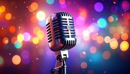 Retro microphone against colorful bokeh