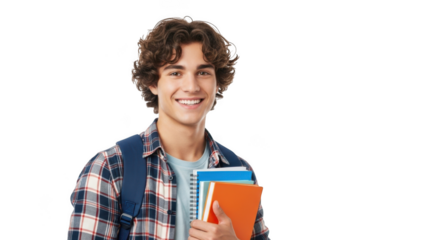 Smiling young male student wearing backpack holding books ready for academic success