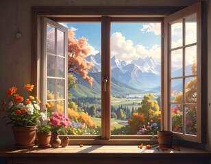 Obraz premium Tranquil Mountain View from a Cozy Window