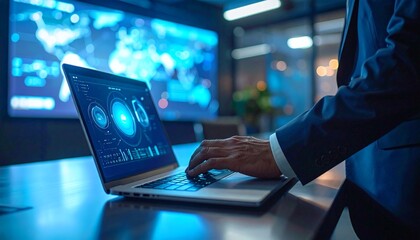 Businessman's Hand on Laptop, Blue Digital Data Interface in Modern Tech Office