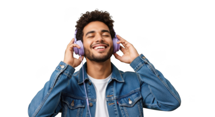 Young man joyfully listening to music with pink headphones enjoying the sound experience
