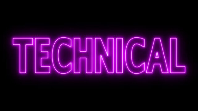 Animated glowing flickering neon inscription technical. neon technical text animation