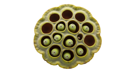 Closeup of a lotus seed pod isolated on transparent background, showcasing its unique structure and the developing seeds within its chambers
