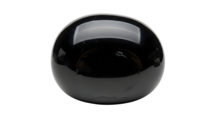 A glossy black sphere isolated on transparent background, reflecting light and showcasing its smooth, polished surface with subtle gradations