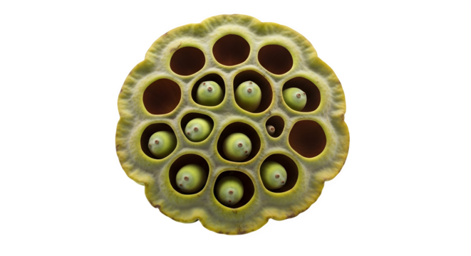 Closeup of a lotus seed pod isolated on transparent background, showcasing its unique structure and the developing seeds within its chambers