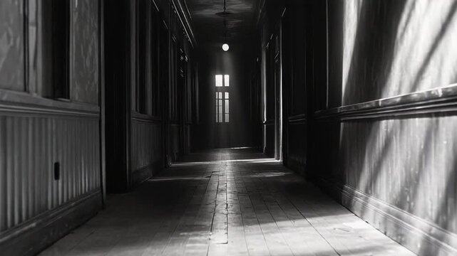 Dark, eerie hallway with light casting shadows