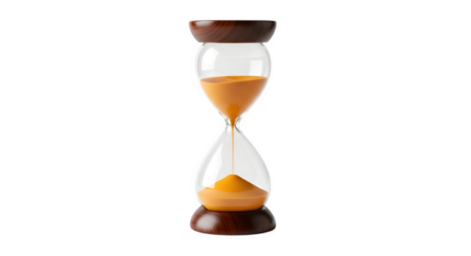 Elegant hourglass isolated on transparent background, with golden sand flowing, symbolizing time, deadlines, and the passage of moments