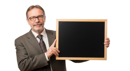 Smiling businessman holds empty chalkboard ready for your message and ideas