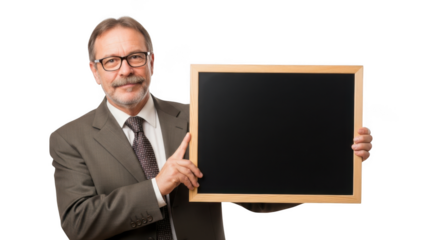 Smiling businessman holds empty chalkboard ready for your message and ideas