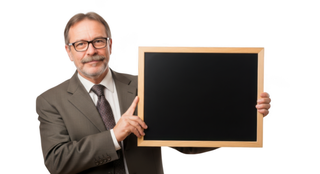 Smiling businessman holds empty chalkboard ready for your message and ideas