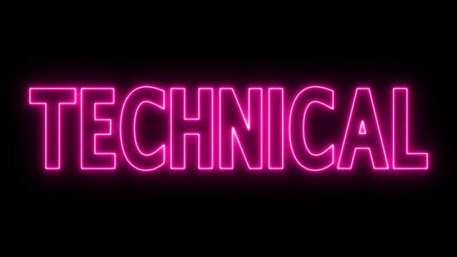 Animated glowing flickering neon inscription technical. neon technical text animation