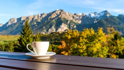 Scenic mountain view with coffee cup