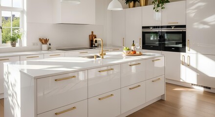White high-gloss kitchen table with brass handles, soft sunlight reflections and ambient shadows