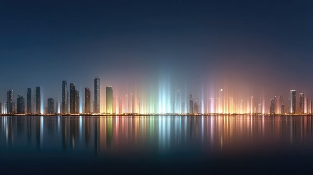 Vibrant Night Cityscape with Glowing Lights and Modern Skyscrapers Reflected in Water