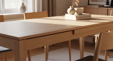Minimalist Scandinavian oak table with integrated storage, soft ambient light highlighting textures.
