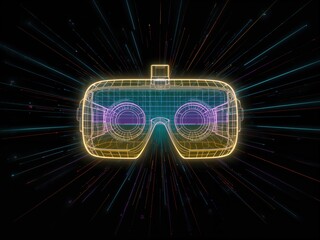 A vibrant digital illustration of a virtual reality headset surrounded by colorful light patterns