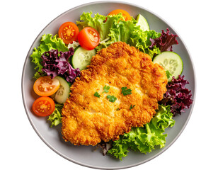 Top-Down View of Chicken Schnitzel with Salad, Artistic Plate Arrangement, isolated on transparent background PNG