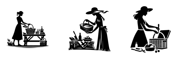 Modern Minimalist Woman Preparing Picnic Basket Icon, Flat Silhouette of a Mother Vector for Outdoor and Family Illustration Design