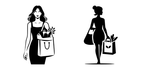 Modern Minimalist Woman Carrying Grocery Bag Icon, Flat Silhouette of a Female Shopper Vector for Market Illustration Design