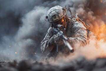 Soldier in tactical gear, crouching amidst smoke and debris, holding a rifle, showcasing intense focus and determination in a combat environment, illustrating military action