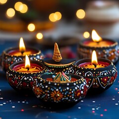 Hand-painted, ornate tea light holders, glowing with warm flames, set on a dark blue surface with scattered lights