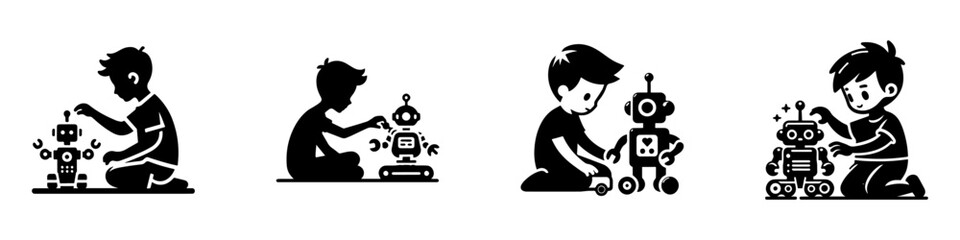 Modern Minimalist Boy Playing With A Toy Robot Icon, Flat Silhouette of a Child Vector for Fun Illustration Design