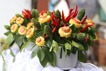 Flower basket made from vegetables and fruits