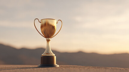 Naklejka premium Golden trophy cup shining with sunset and mountain background