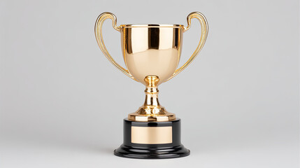 Golden trophy cup with black base on gray background