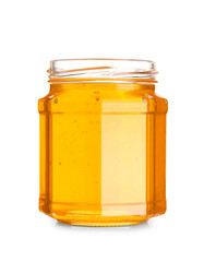 Jar with tasty honey isolated on white background