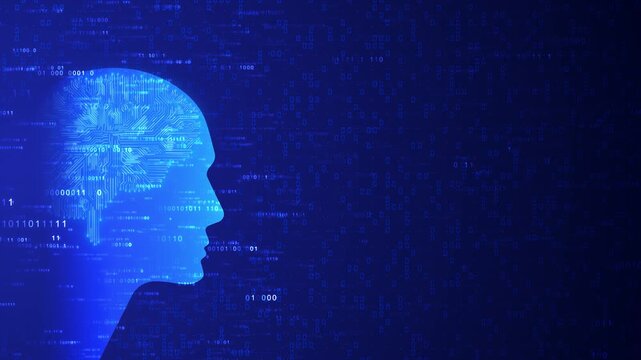 Animated visualization digital head filled by neural circuits by streaming binary code, use of machine learning, AI analysis, neural networks, data processing, futuristic tech-driven intelligence. - Powered by Adobe