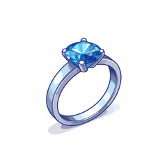 Illustration of a silver ring with a blue gemstone on a white background.