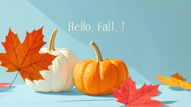 Fall scene white/orange pumpkins, red/orange maple leaves on blue, text "Hello, fall, !