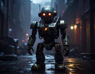 Retro robot stands in dark alley (1)