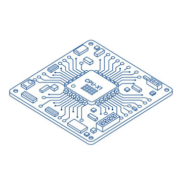 Isometric blueprint of a CPU on a circuit board.