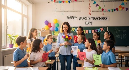 Happy World Teachers' Day! Students present flowers and thank you cards to their beloved teacher in a classroom celebration, showing appreciation for their hard work and dedication