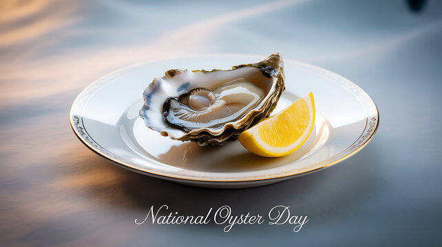 A freshly shucked oyster served on a white plate with a lemon wedge, celebrating National Oyster Day.