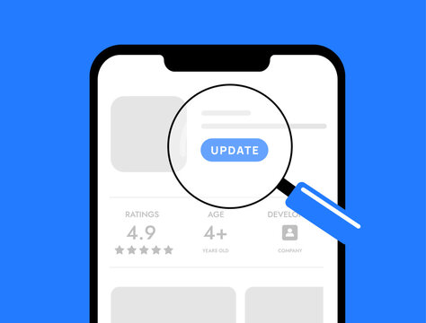 Mobile app update concept - software upgrades, new features, bug fixes and performance improvements. User interface refresh, enhanced functionality and application store download optimization