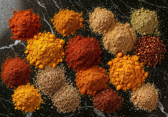Assorted spices provide vibrant color and texture variety displayed on dark marbled background