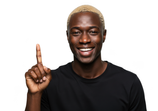 Joyful black man with blonde hair points upward with a bright smile transparent background