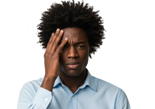 Man holding forehead in distress expressing pain and discomfort with serious expression transparent background
