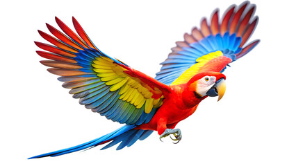 Fototapeta premium Colorful macaw parrot in flight isolated on transparent background