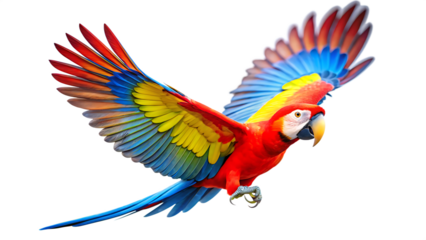 Colorful macaw parrot in flight isolated on transparent background